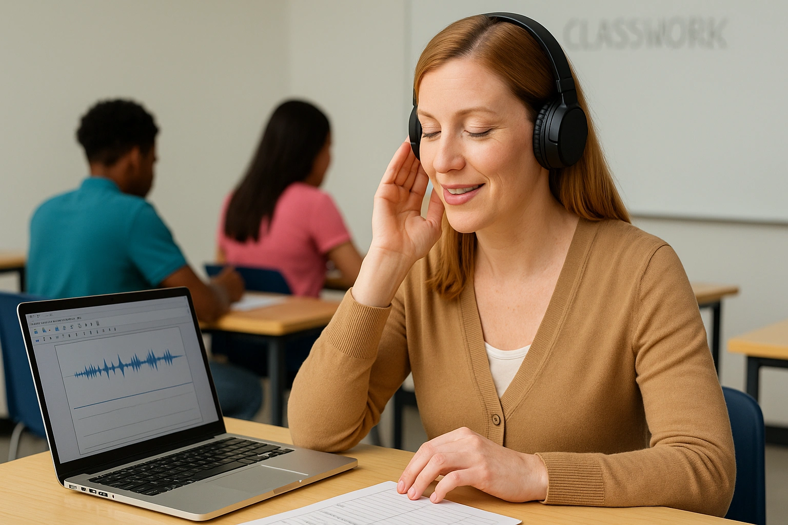 ضبط صدا در اسپیکینگ | ابزار واقعی Self-Monitoring 3 معلم در حال گوش دادن به ضبطهای اسپیکینگ شاگردان