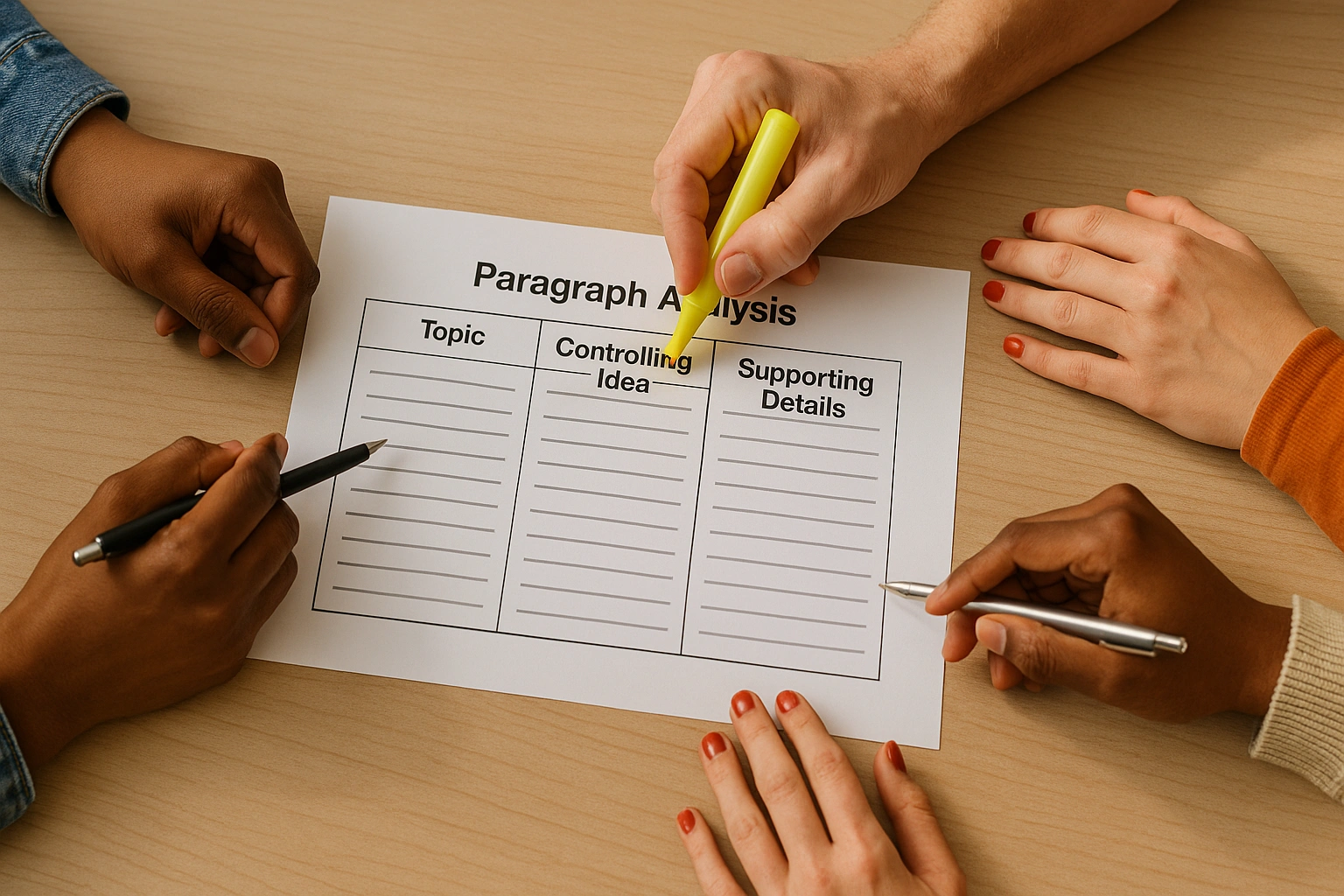 نمای نزدیک از ورکشیت Topic و Controlling Idea روی میز با هایلایت