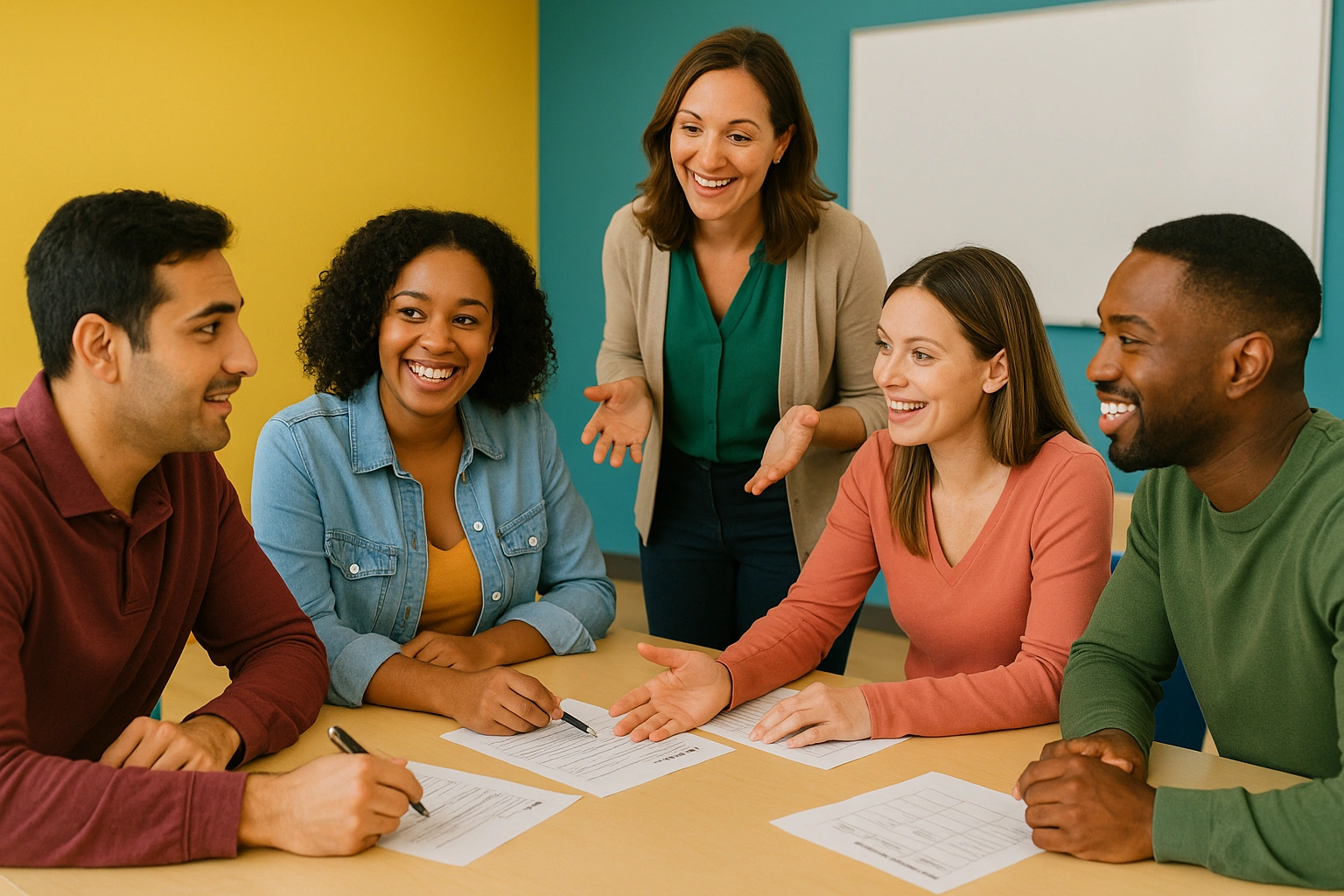 زبان‌آموزان بزرگسال در حال بحث درباره تشخیص Topic و Controlling Idea