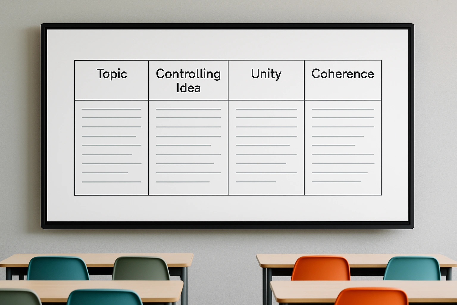 تختهٔ کلاس با ستون‌های Topic، Controlling Idea، Unity و Coherence (بدون متن واقعی)