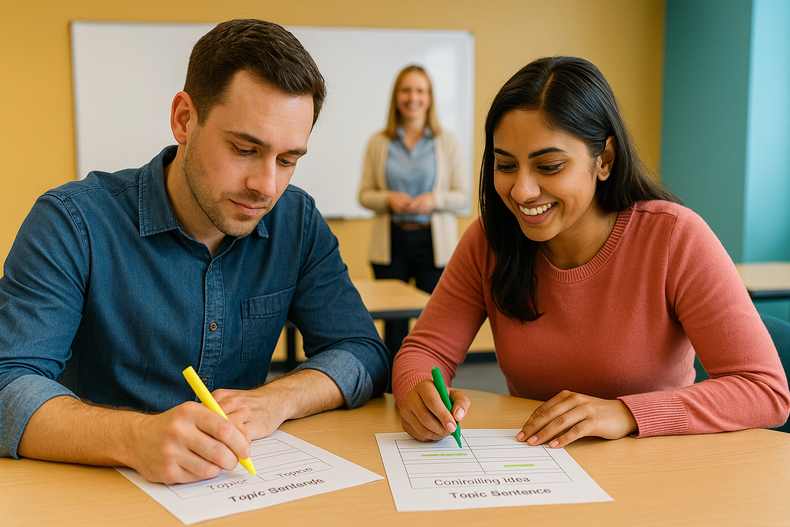 دو زبان‌آموز بزرگسال در حال هایلایت Controlling Idea