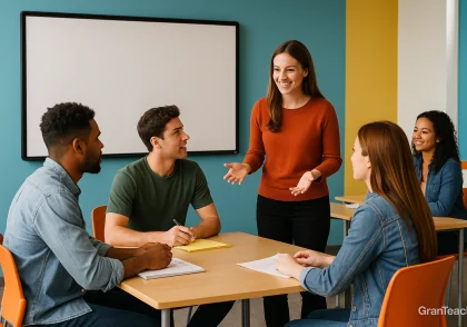 تصویر کاور بدون متن؛ کلاس ESL مدرن با وایت‌بورد و تمرکز بر تحلیل Topic و Controlling Idea