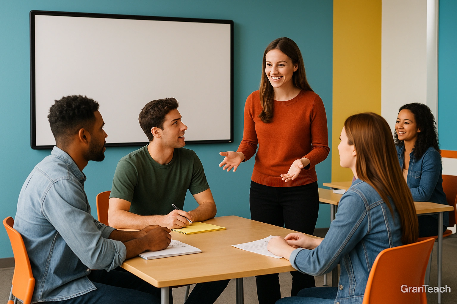 تصویر کاور بدون متن؛ کلاس ESL مدرن با وایت‌بورد و تمرکز بر تحلیل Topic و Controlling Idea