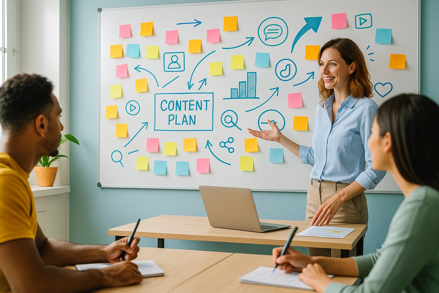 معلم زبان در حال طراحی استراتژی محتوایی دیجیتال