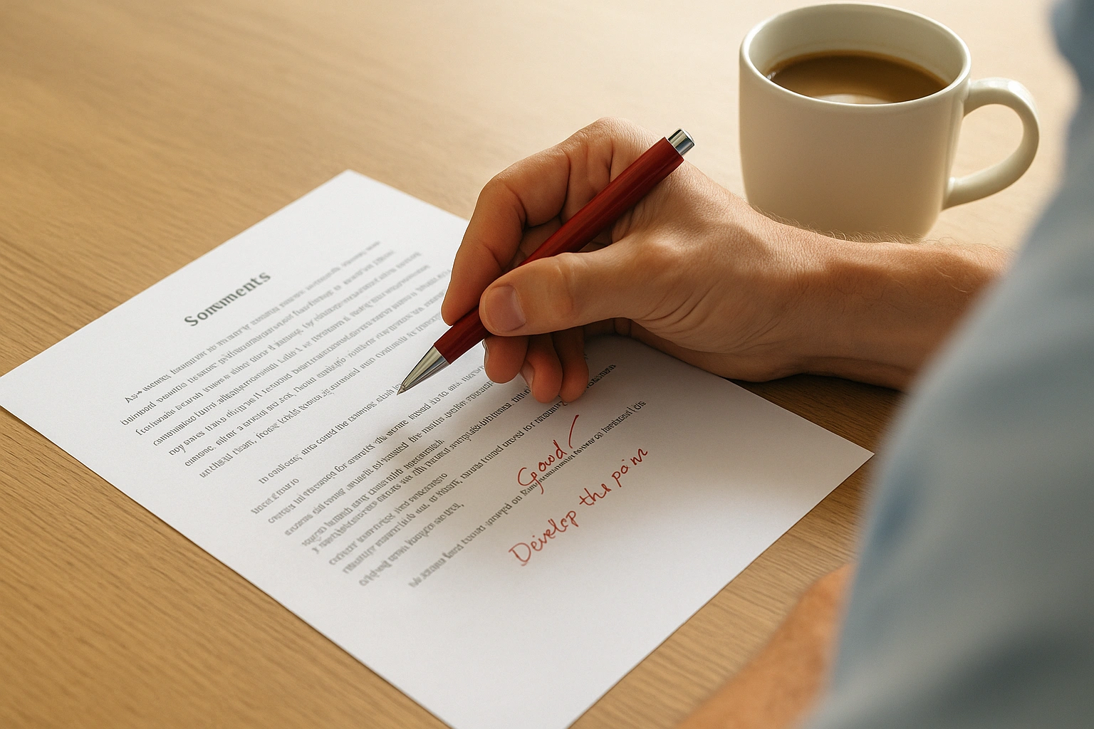 معلم در حال نوشتن نظر در حاشیهٔ برگه