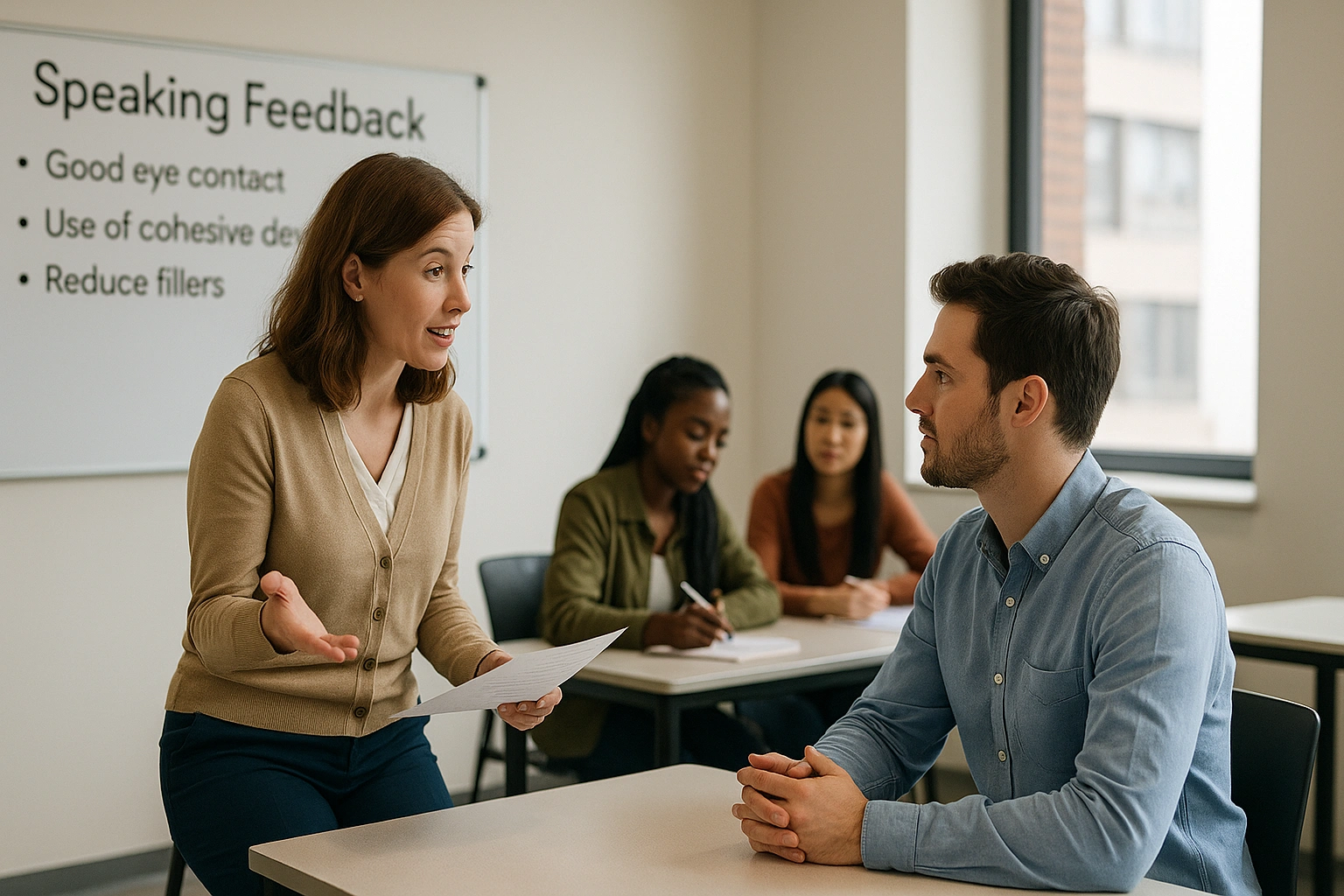 ORS Framework؛ راهی برای پاسخهای منسجم و هدفمند در Speaking 3 معلم در حال بازخورد دادن به شاگرد طبق ORS Framework