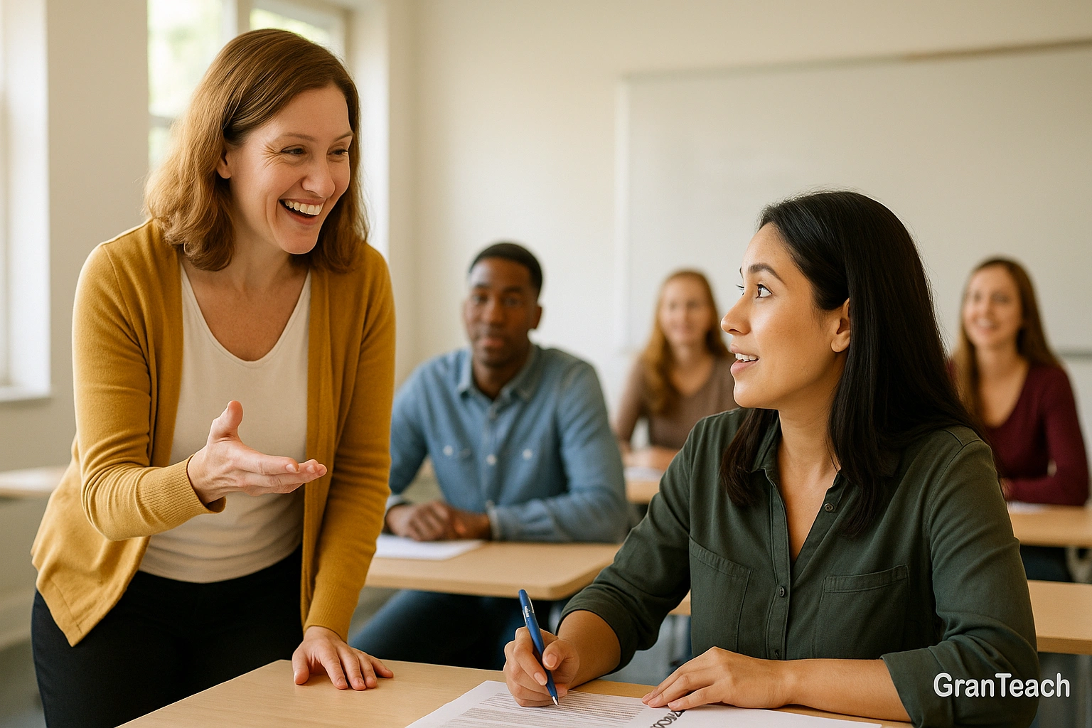 معلم در حال راهنمایی زبان‌آموز برای گفتار بیشتر