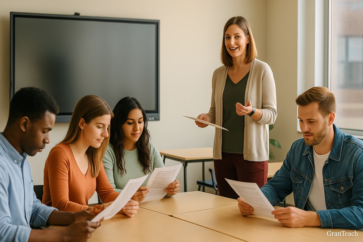 معلم در حال راهنمایی دانشجوها برای انتخاب خلاصهٔ مناسب متن