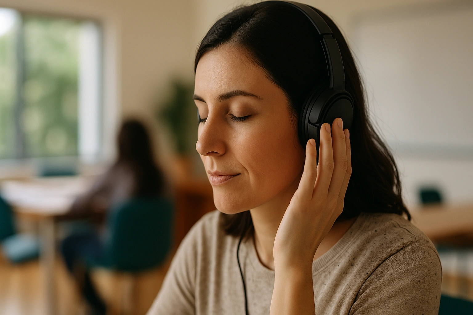 زبان‌آموز در حال گوش دادن به صدای خود