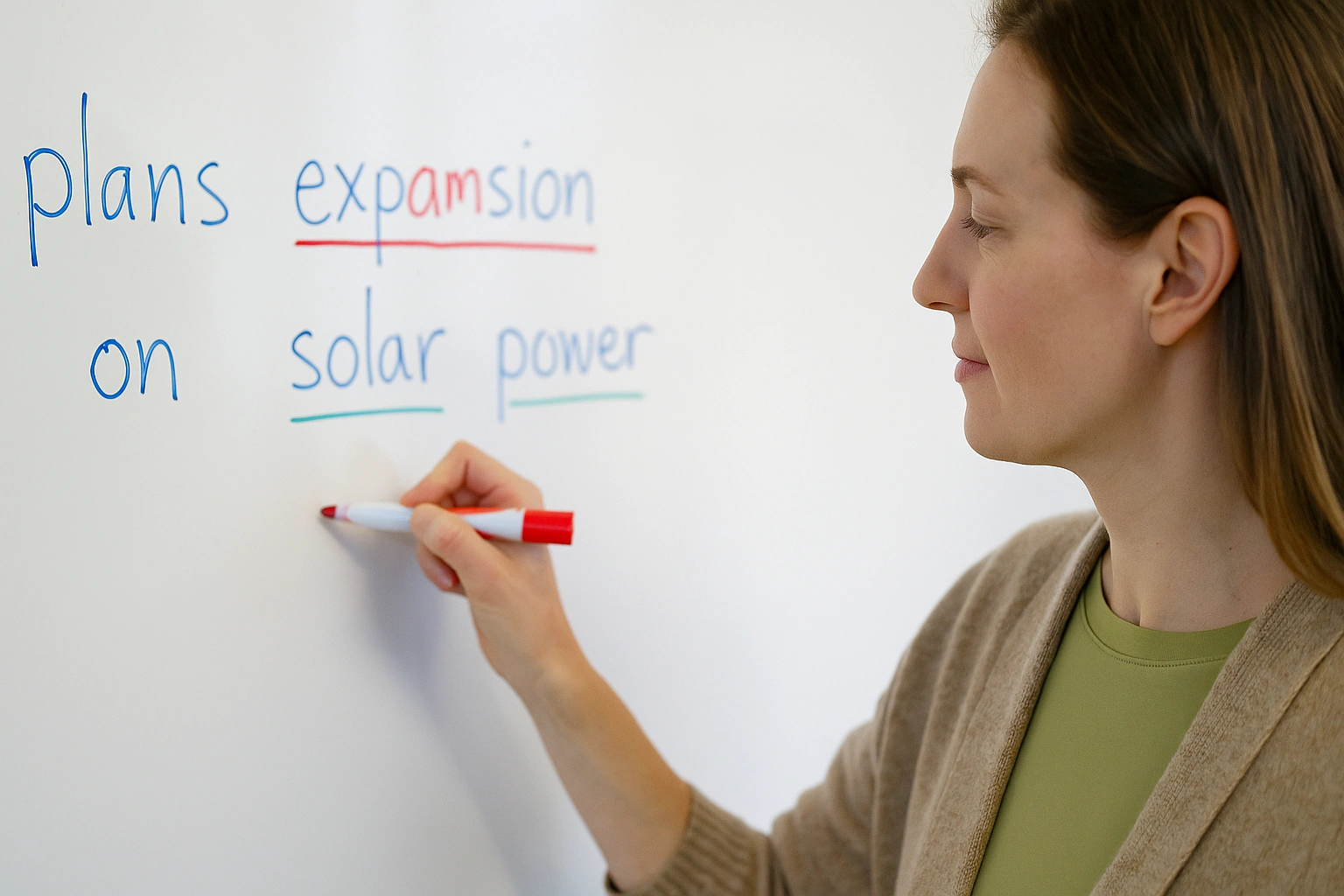 معلم در حال توضیح emphasis در جمله روی تخته سفید