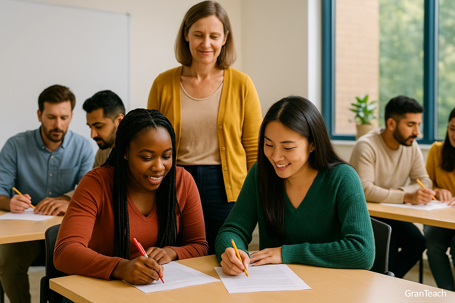 معلم و زبان‌آموزان در حال بازنویسی conclusion