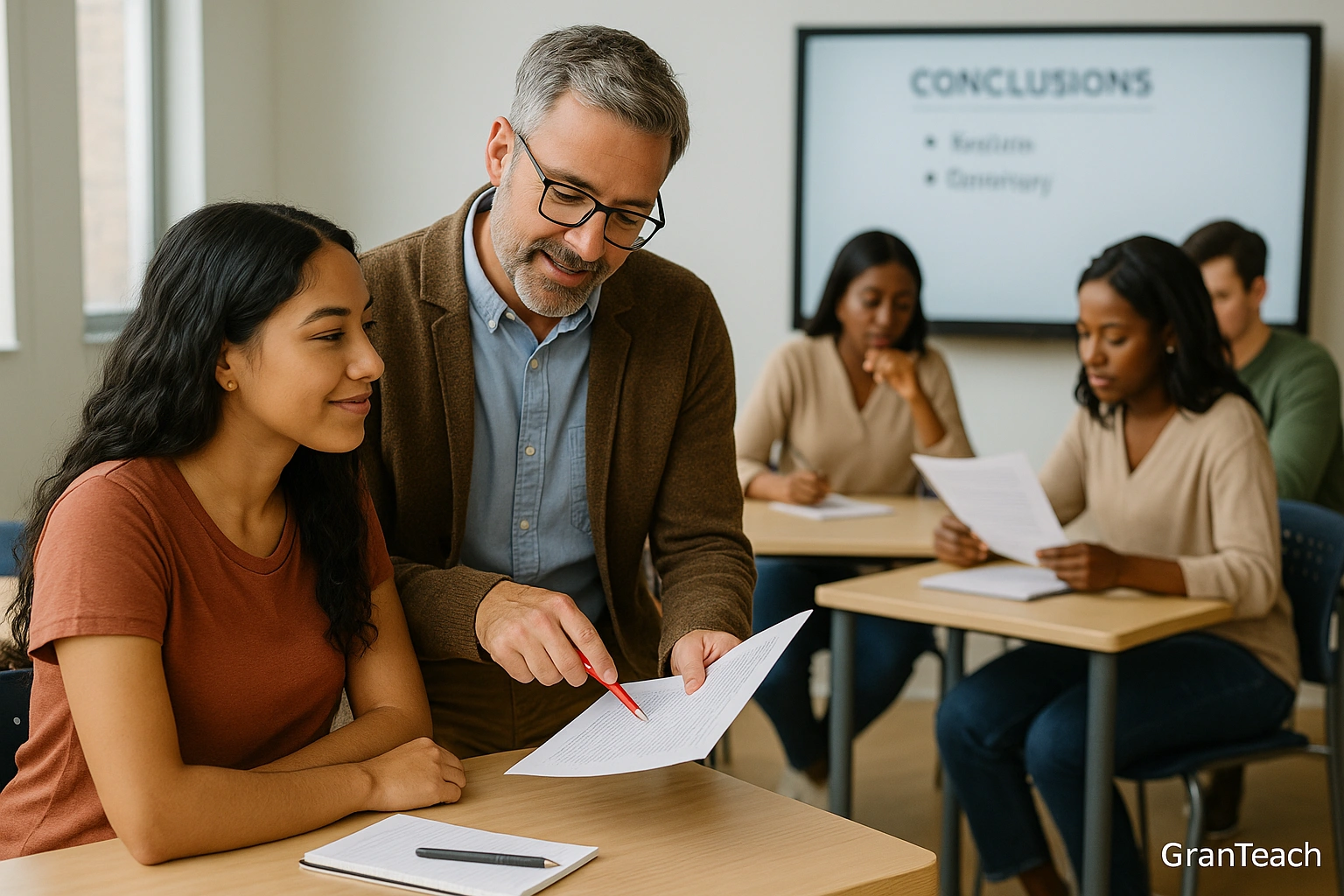 معلم در حال دادن بازخورد روی conclusion دانش‌آموز