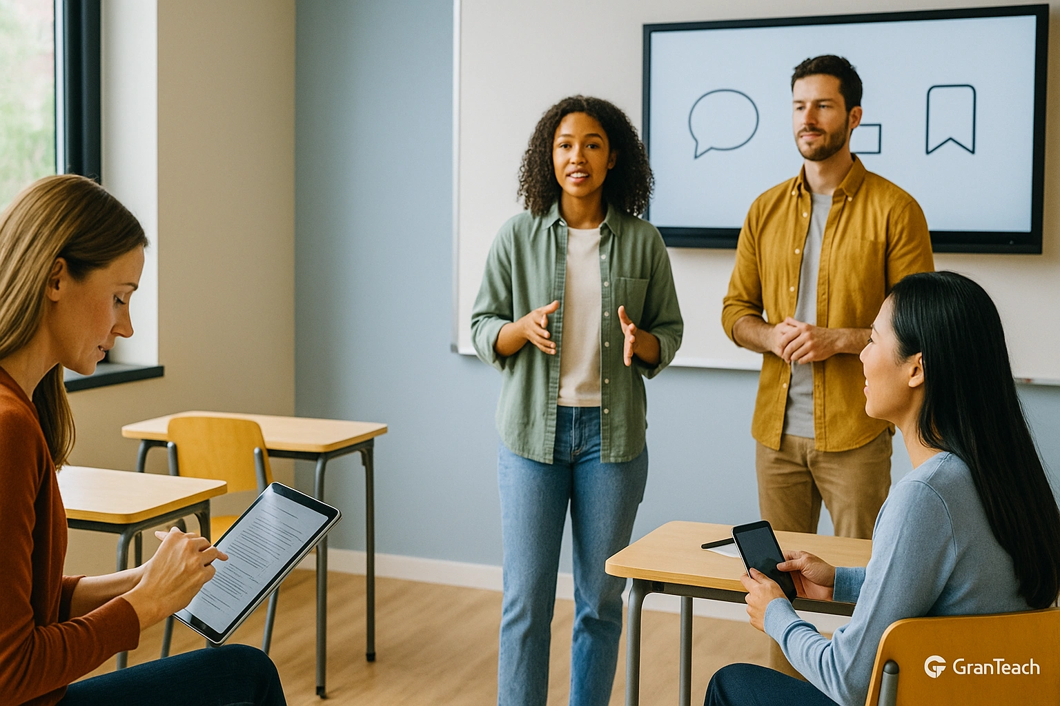 معلم در حال یادداشت‌برداری برای بازخورد تأخیری و ارزیابی سریع گفتار