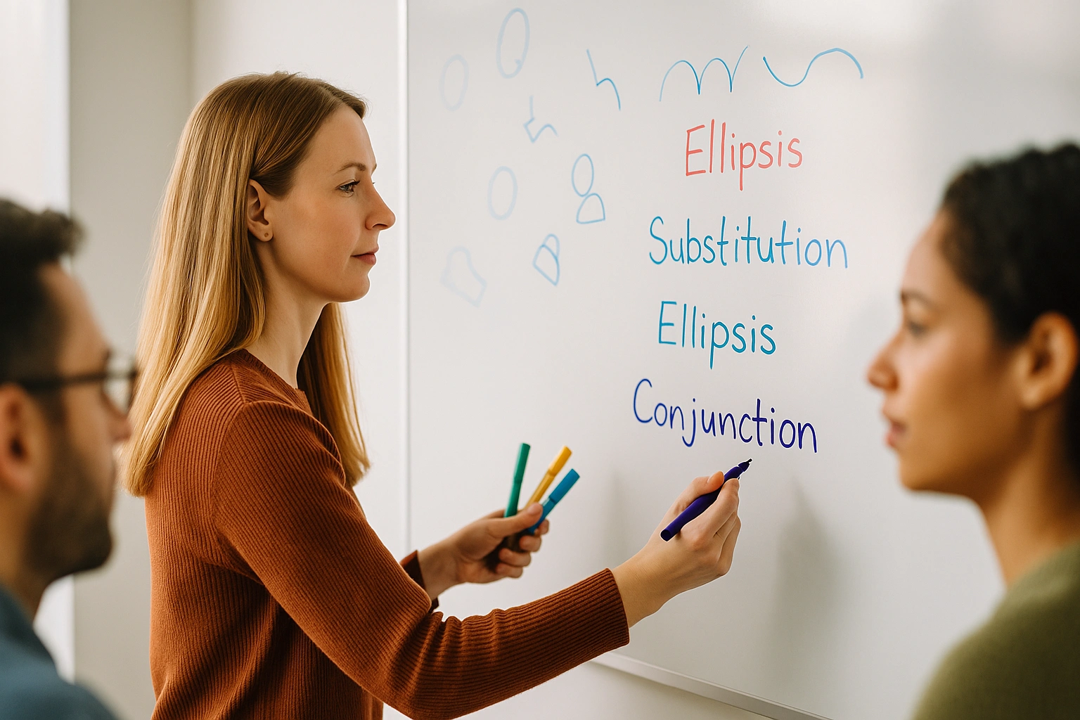 معلم در حال تدریس reference و conjunction روی وایت‌بورد