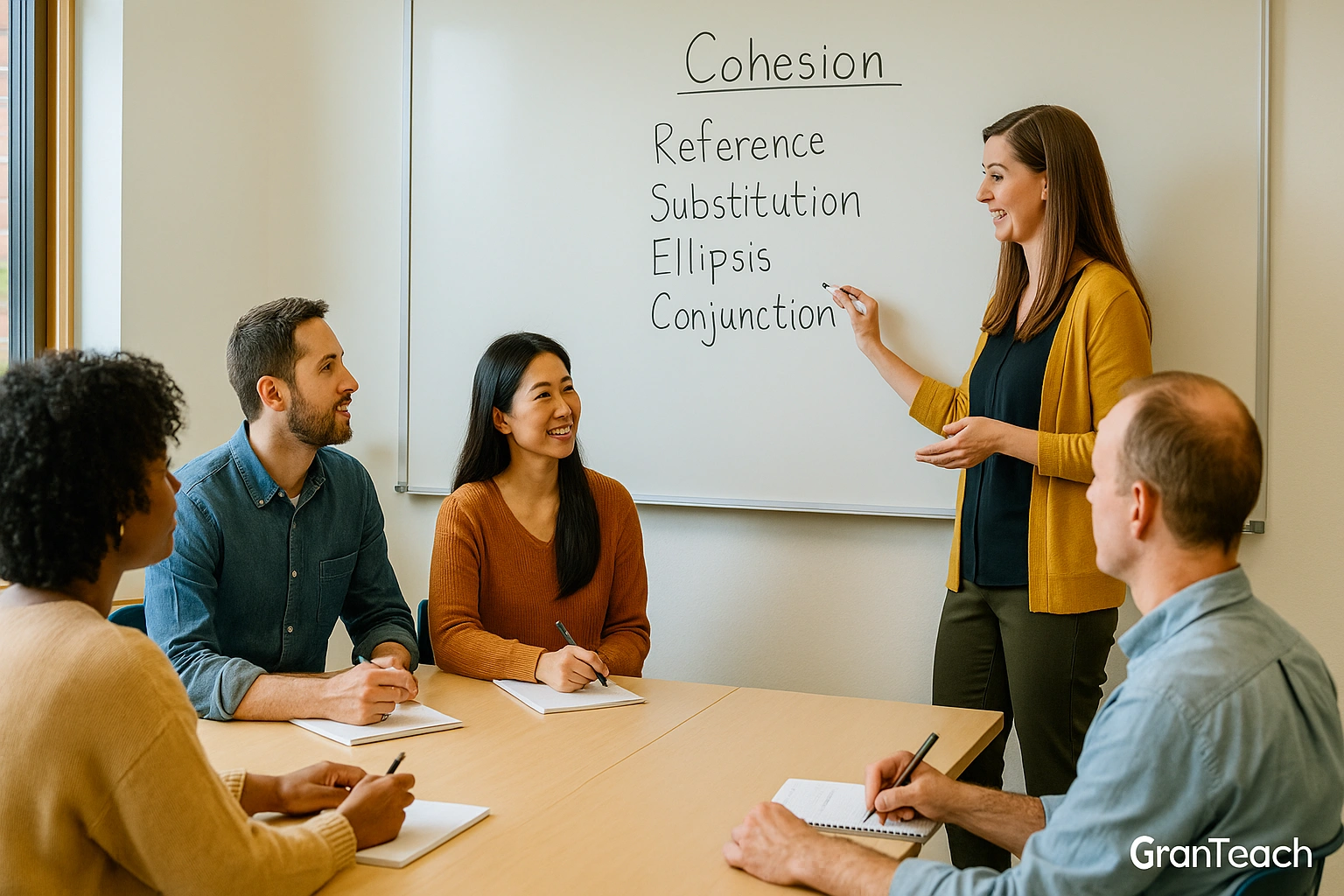 گروه زبان‌آموزان بزرگسال مشغول هایلایت سیگنال‌های انسجام در متن