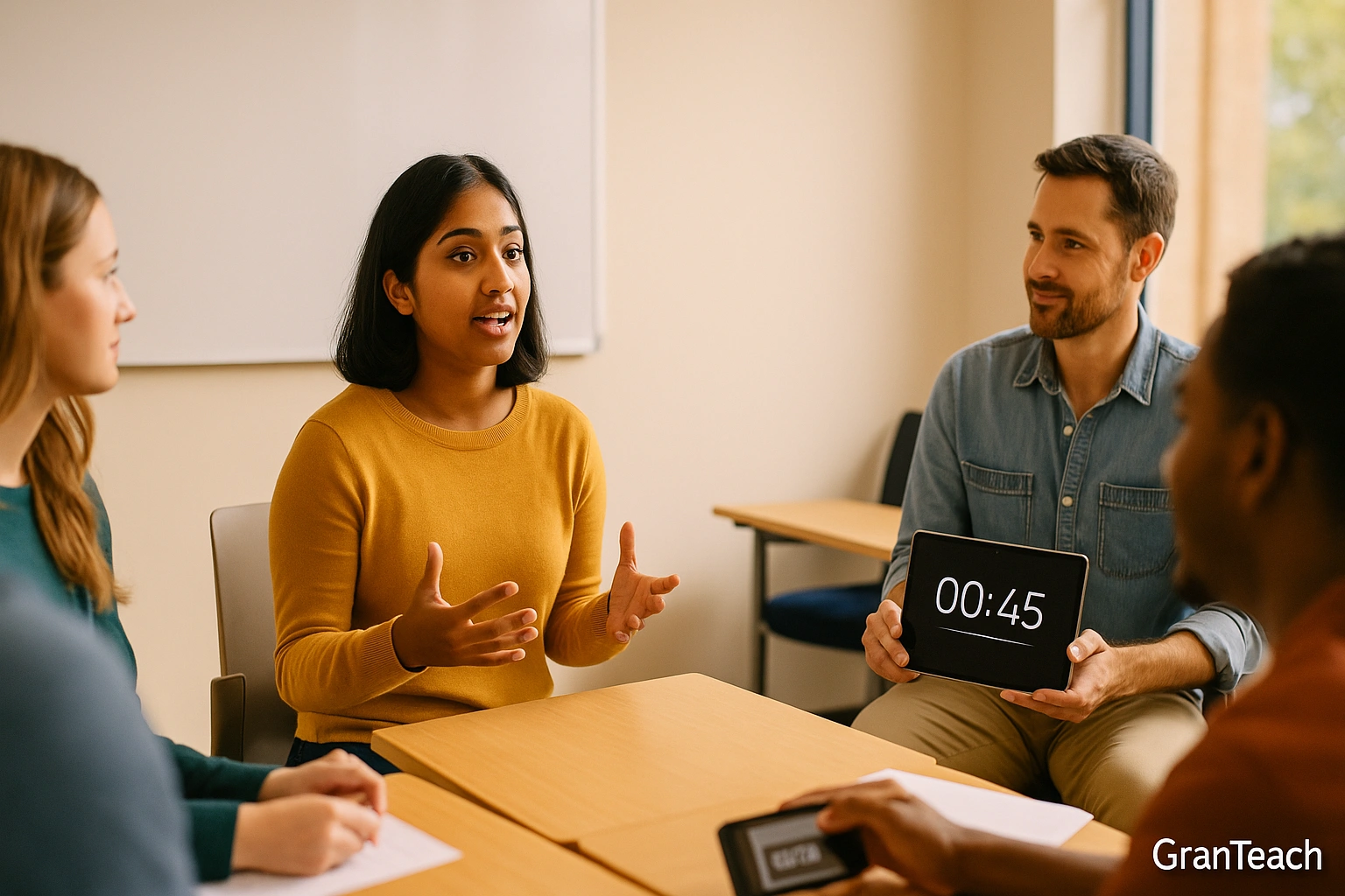 زبان‌آموز در حال ارائه کوتاه درباره متن خوانده‌شده در کلاس Reading