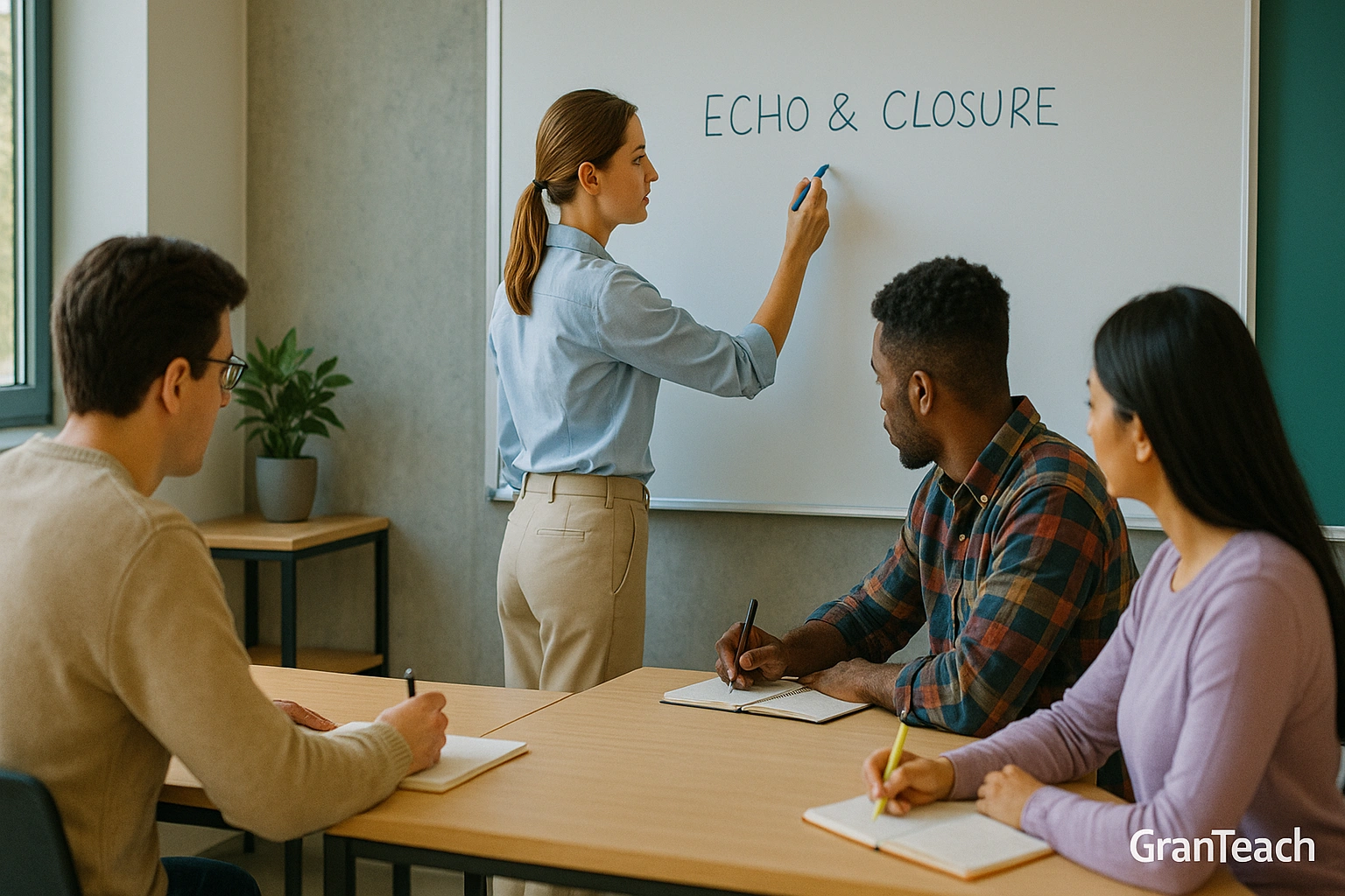 معلم در حال نشان‌دادن نمونه closure روی whiteboard