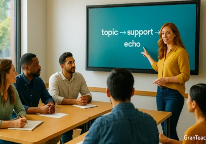 کلاس ESL؛ معلم در حال توضیح unity و coherence روی smartboard