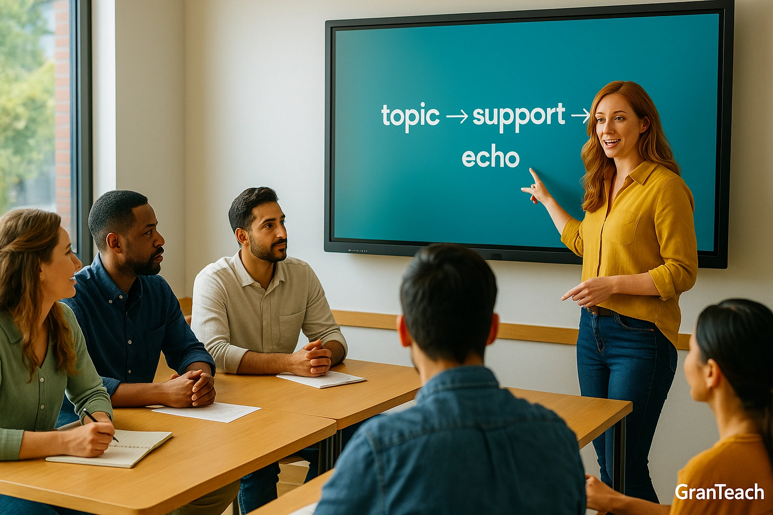 کلاس ESL؛ معلم در حال توضیح unity و coherence روی smartboard