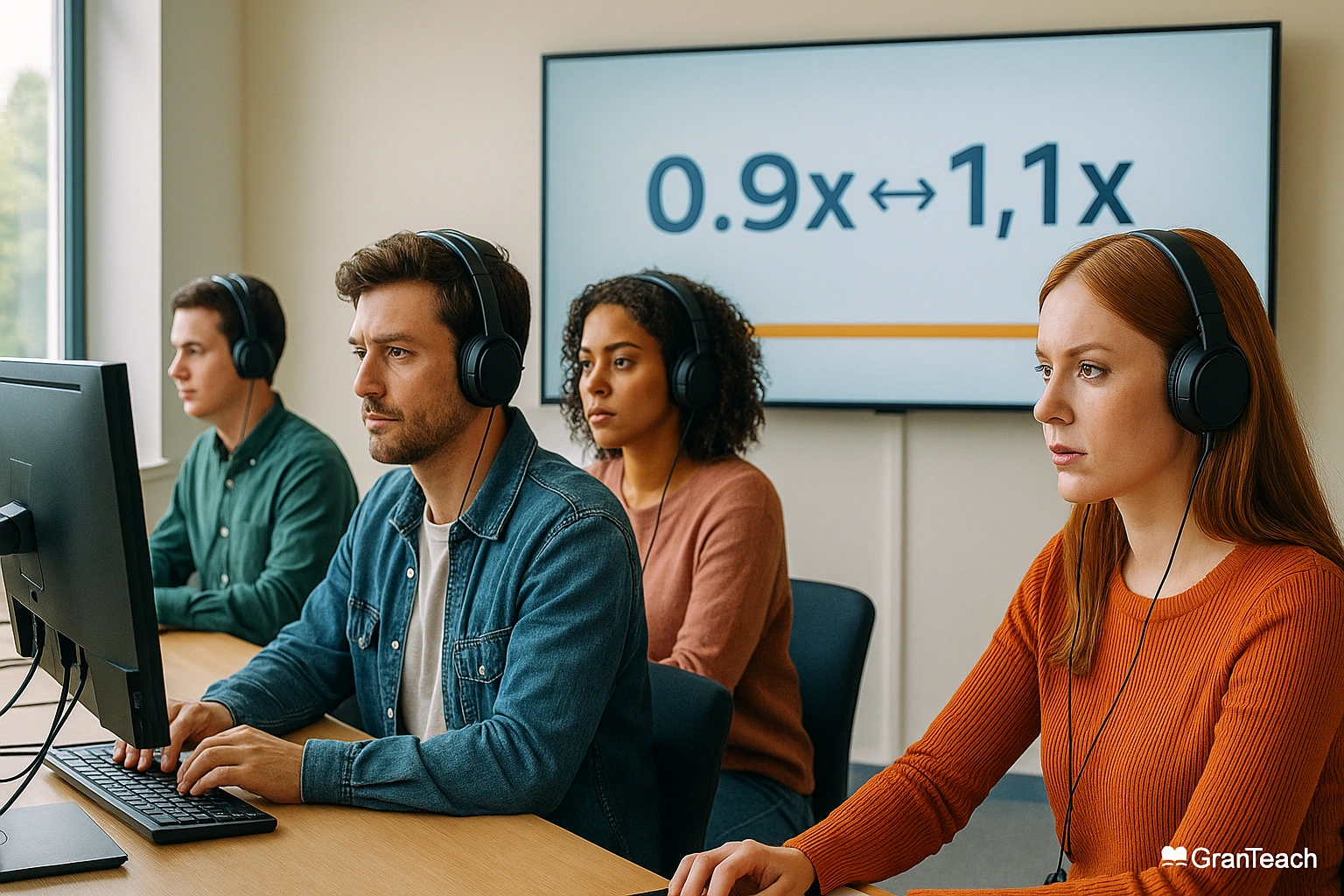 گروه زبان‌آموزان با هدفون، تمرین سرعت/لهجه با تایمر روی اسکرین