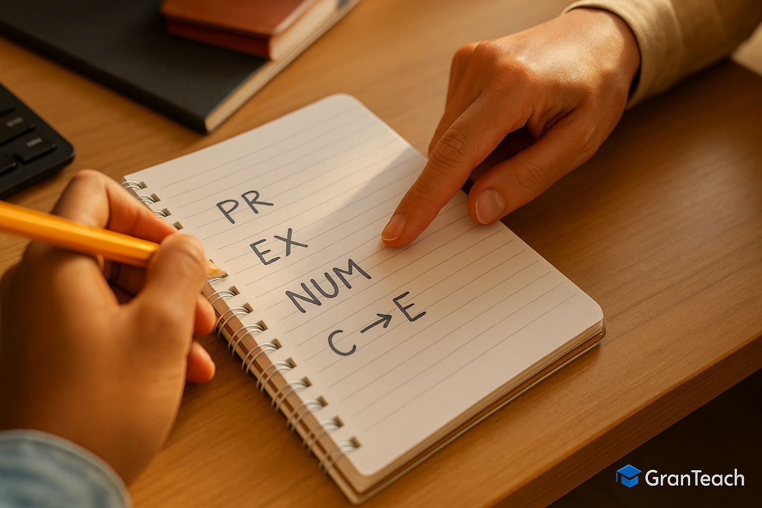 مای نزدیک از دفترچه با کُدهای PR/EX/NUM/C→E و فلش‌های رنگی