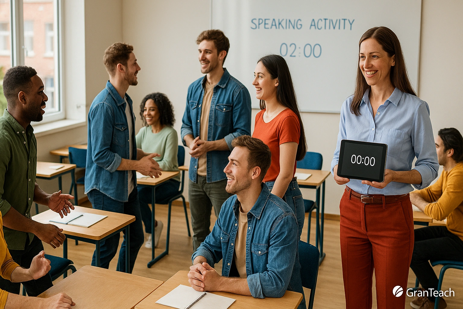 معلم در حال تنظیم تایمر و تعویض گروه‌های اسپیکینگ