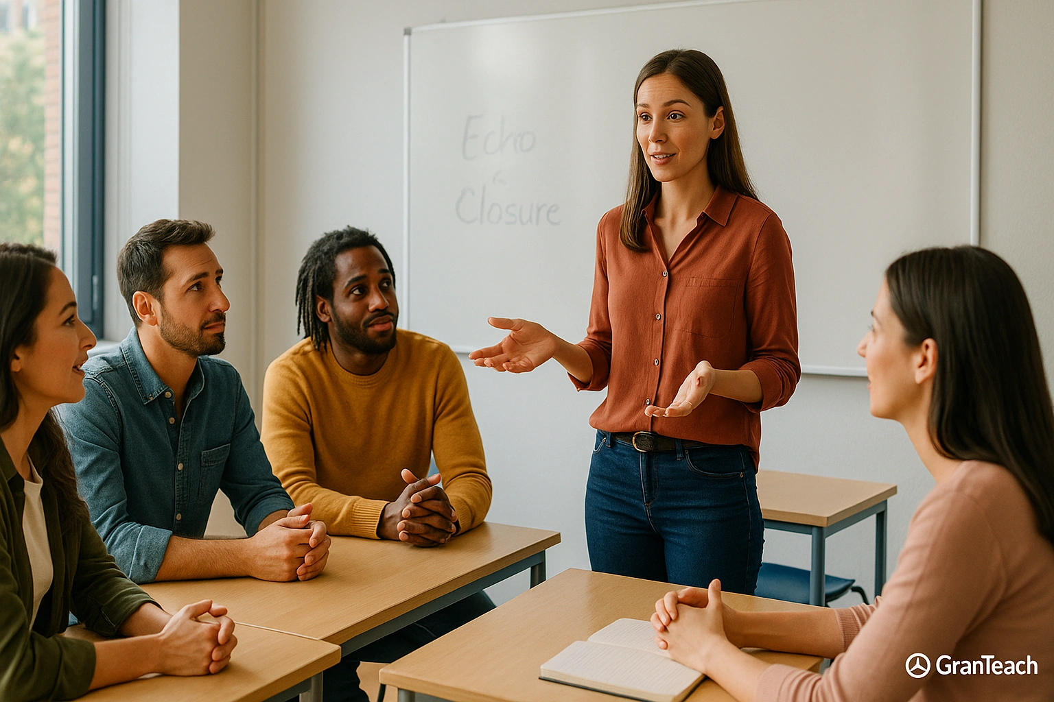 معلم در حال ارائه بازخورد به گروه پس از فعالیت اسپیکینگ