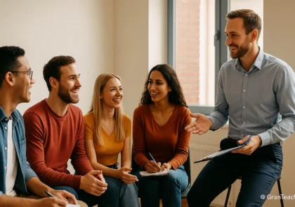 معلم زبان در حال هدایت فعالیت اسپیکینگ گروهی