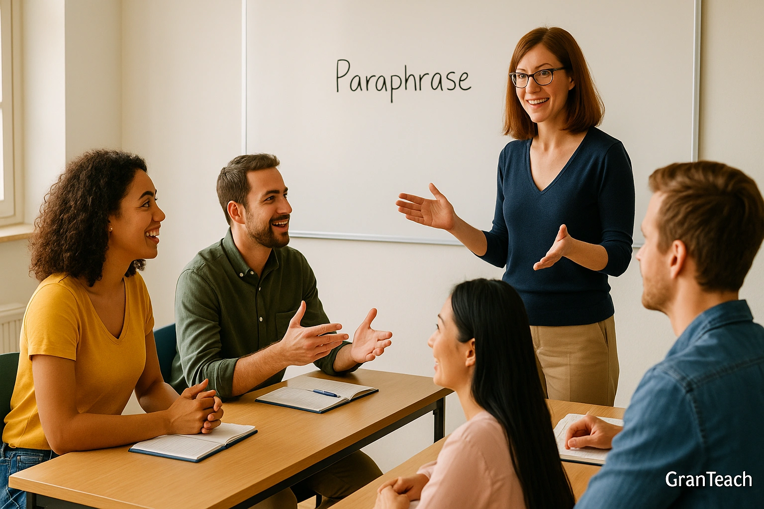 معلم و زبان‌آموزان در حال تمرین بازگویی جملات در Speaking