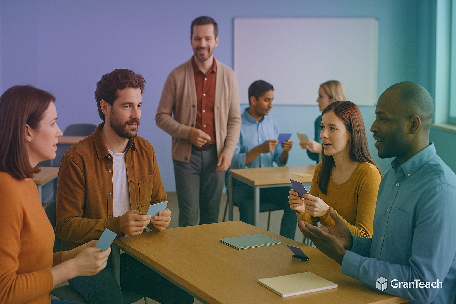 زبان‌آموزان بزرگسال در حال role-play گروهی برای تمرین استراتژی‌های جبرانی مکالمه در کلاس ESL