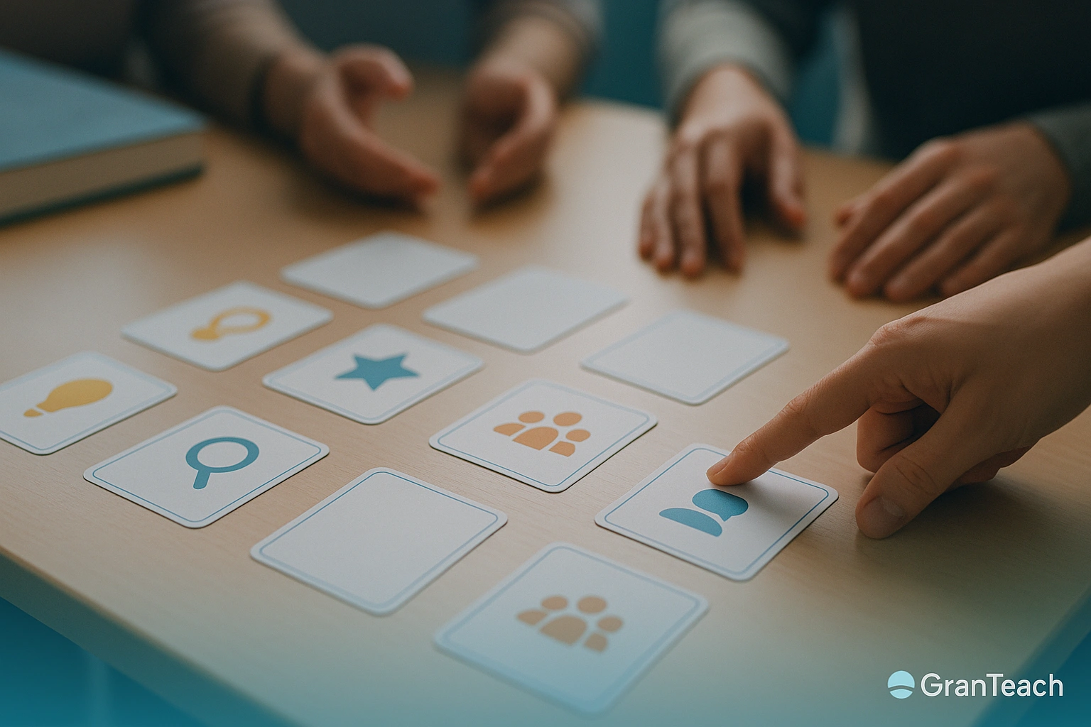 نمای نزدیک از کارت‌های role-play برای تمرین circumlocution، approximation و word coinage روی میز کلاس ESL