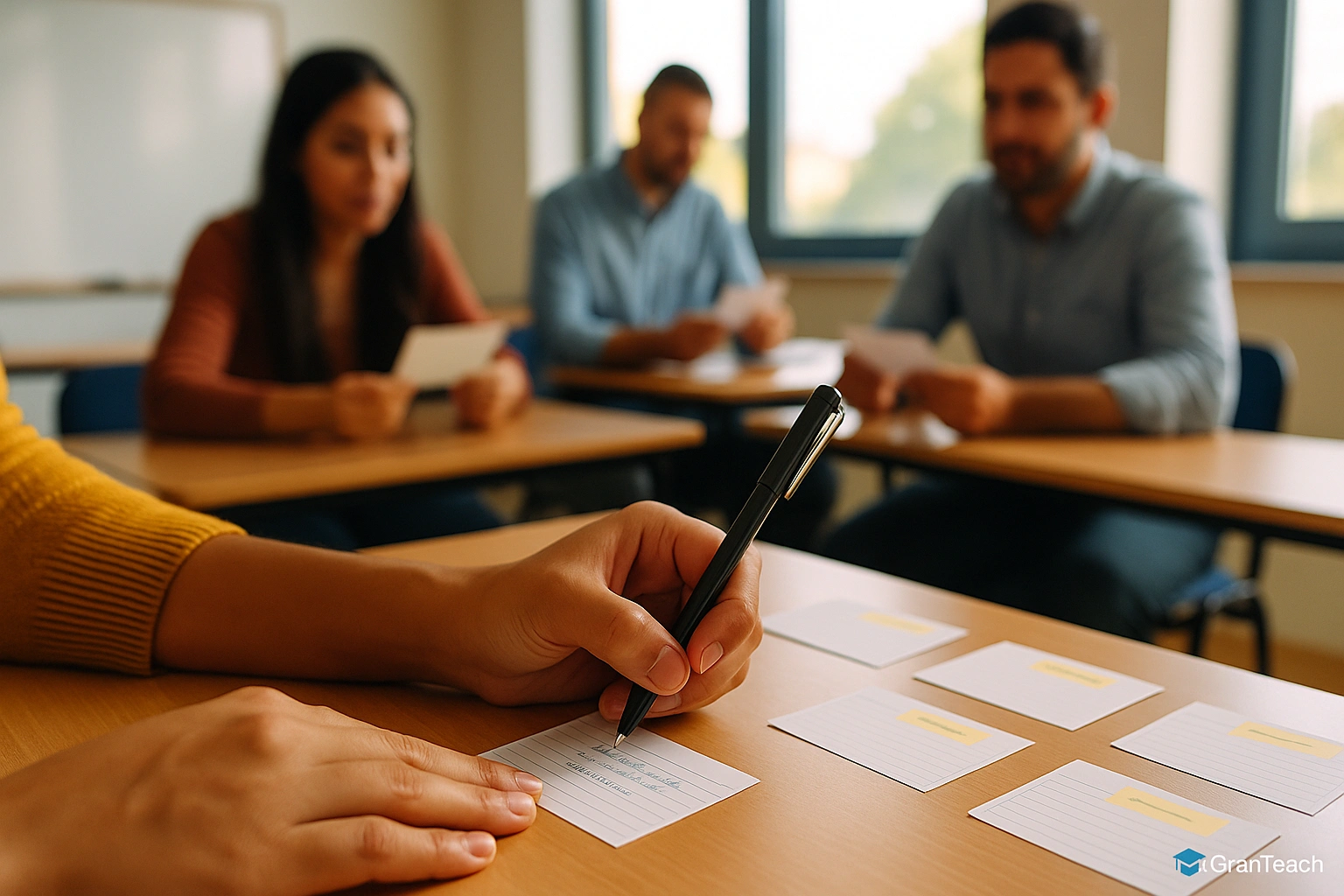 زبان‌آموز در حال یادداشت‌برداری کارت‌محور برای مناظره انگلیسی