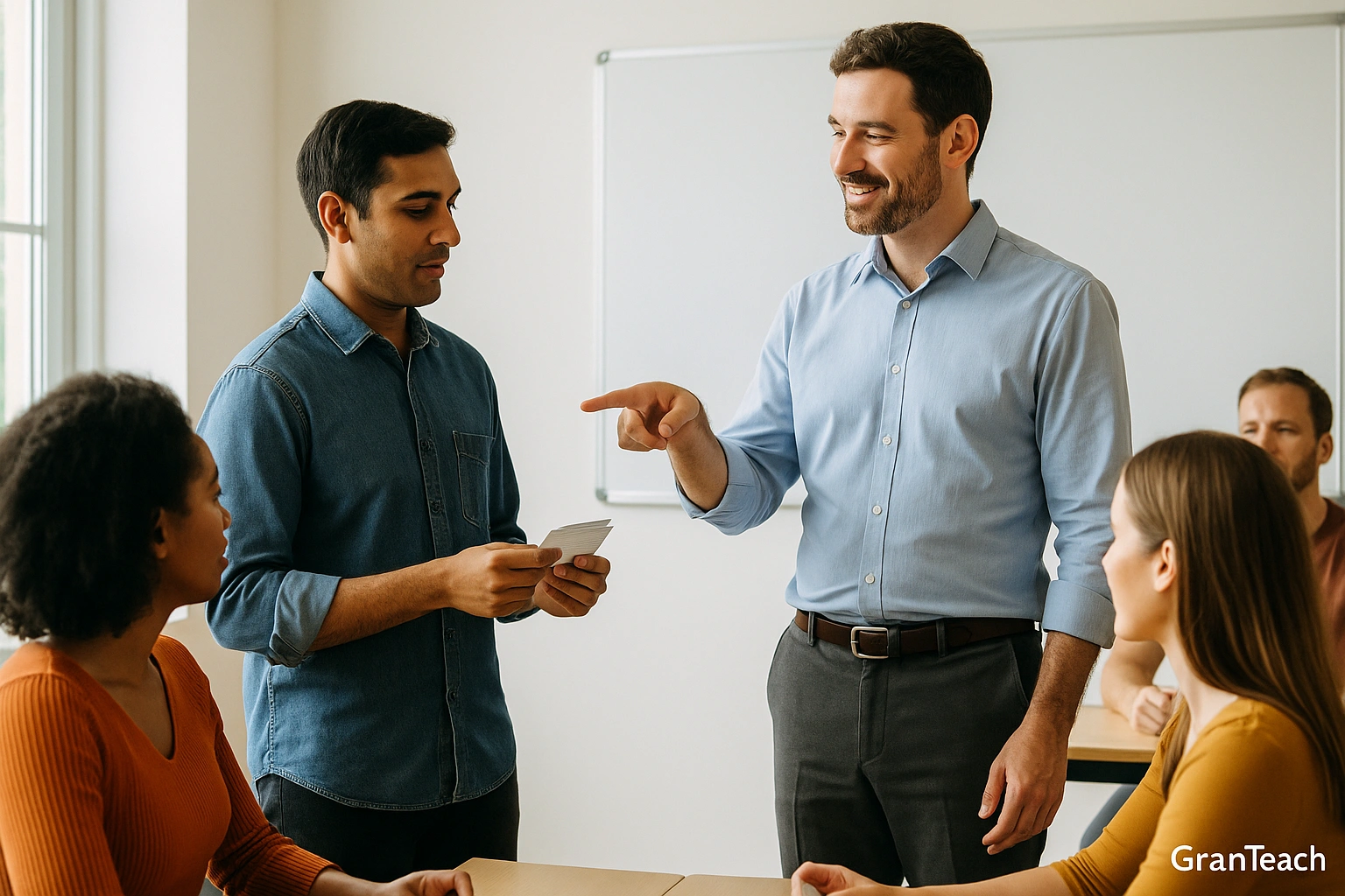 معلم زبان انگلیسی در حال آموزش استفاده از کارت‌های مناظره برای refutation