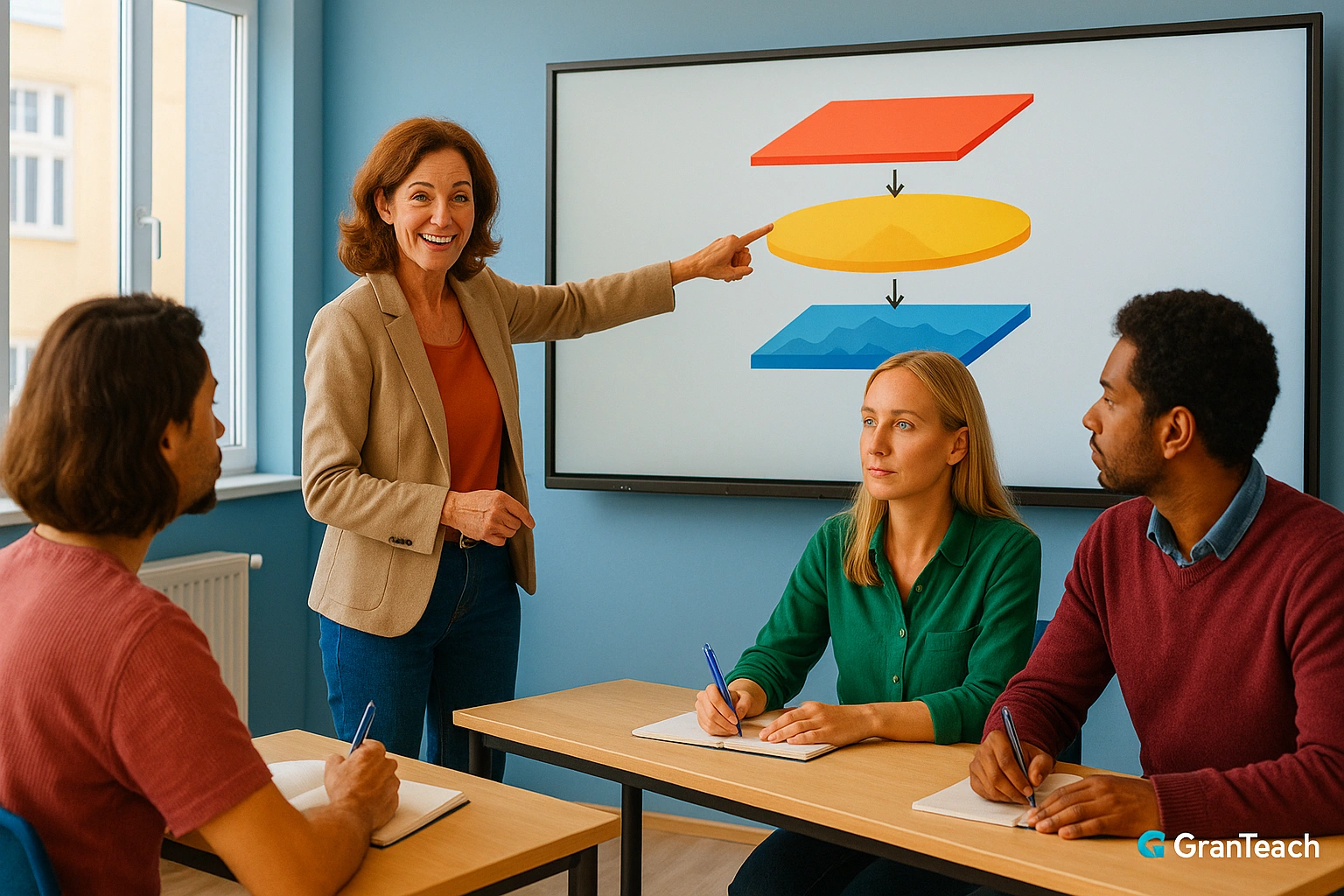 برندسازی دیجیتال معلمان: چرا ۹۰٪ فقط یک نوع محتوا تولید میکنند؟ 3 معلم در حال تدریس یک موضوع پیچیده با اسلایدهای آموزشی